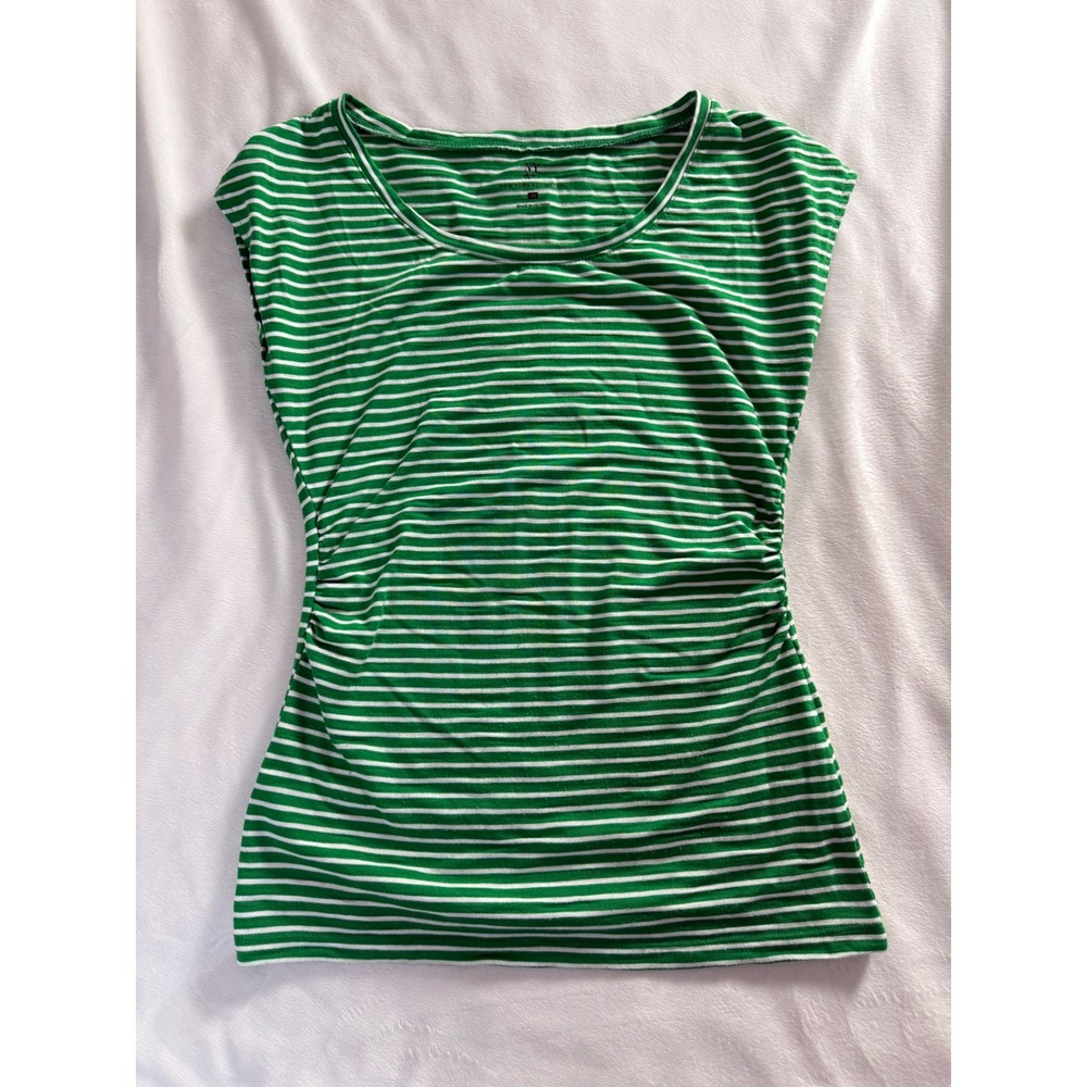 New York & Company Green White Striped Ruched Cap Sleeve Top XS
